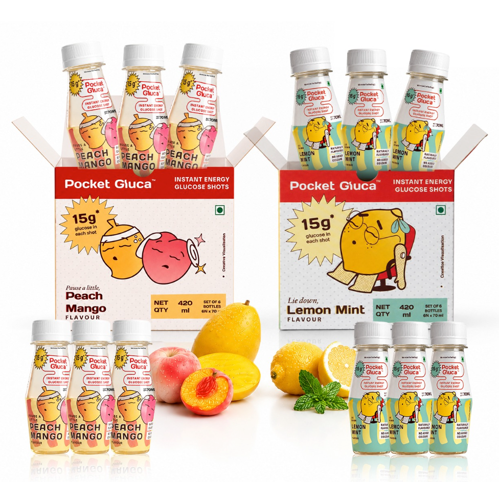 Glucose shots | Pack of 12 bottles | Lemon mint - Peach mango | 70ml each | Fast acting pure glucose