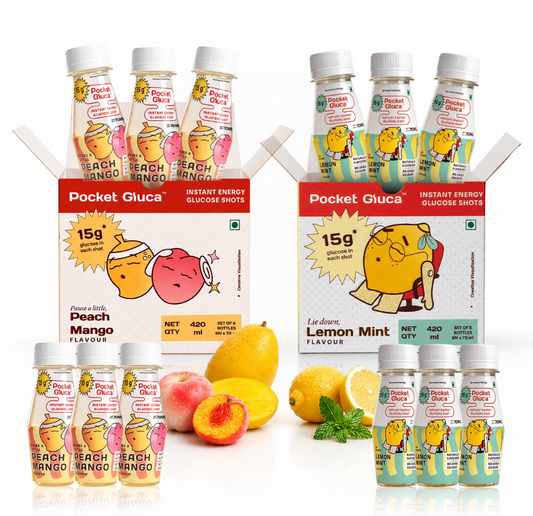Glucose shots | Pack of 12 bottles | Lemon mint - Peach mango | 70ml each | Fast acting pure glucose