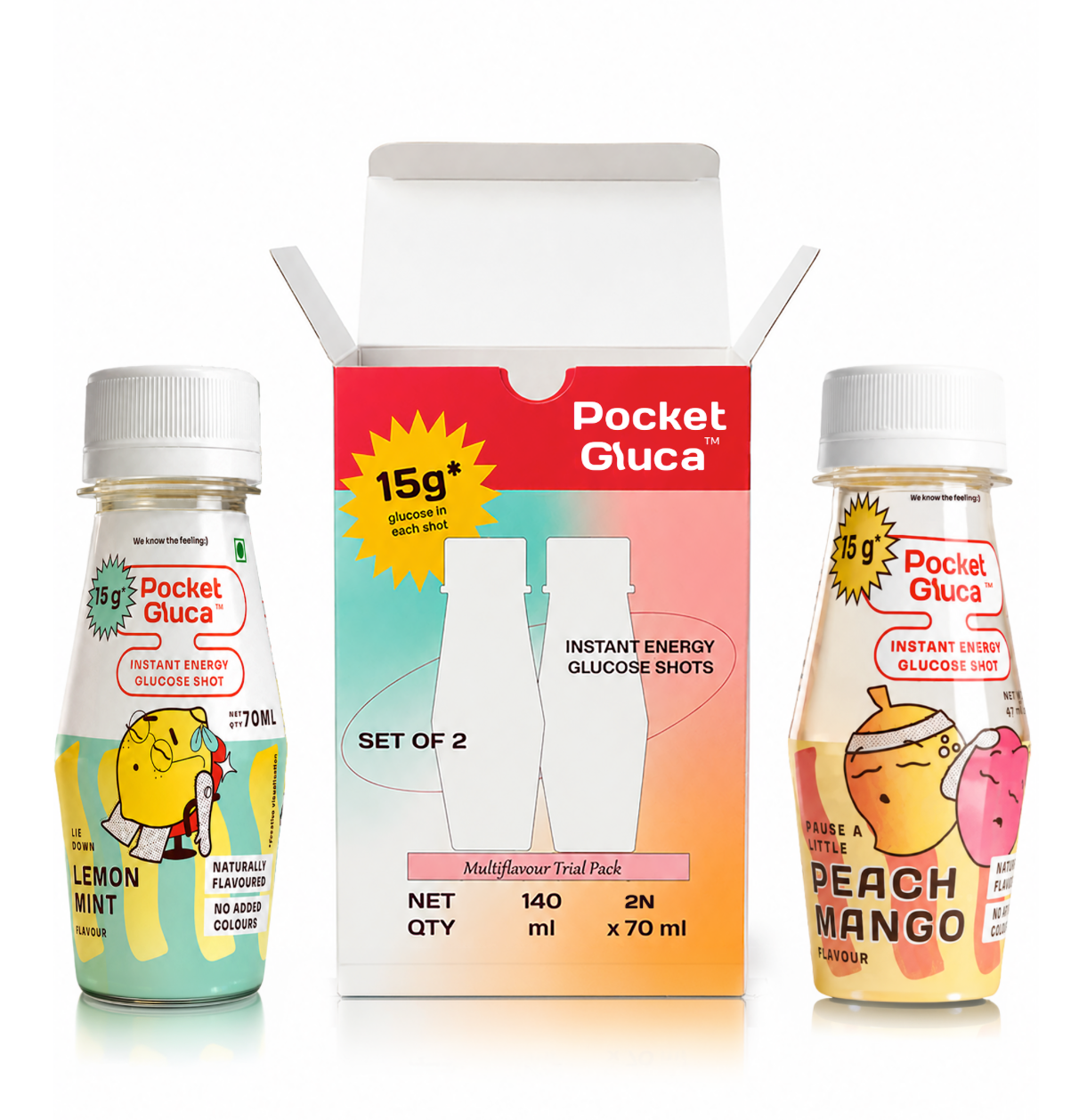 Glucose Shots Multiflavour Trial pack of 2 | 70ml each | Peach Mango - Lemon mint